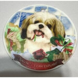 Shih Tzu Christmas “Santa I Can Explain” Round White Porcelain Hanging Ornament